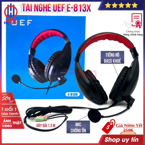 Tai nghe chụp tai có dây UEF E-813X H2Pro có micro-chống ồn-tiếng rõ-bass khoẻ (1 chiếc), tai nghe chụp tai gaming cao cấp giá rẻ dây dài 1.3m