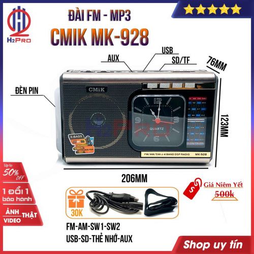 ĐÀI RADIO FM-AM-SW Cmik MK-928 H2Pro cao cấp 4 bands FM-AM-SW1-SW2-Pin sạc-máy nghe nhạc Mp3-Đồng hồ-Đèn pin (1 chiếc), đài radio đa năng USB-SD-Thẻ nhớ-AUX (tặng dây sạc và dây đeo 30k)